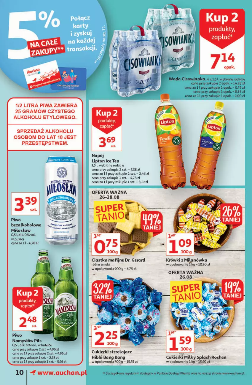 Gazetka promocyjna Auchan - Rysuje się przerwa na coś pysznego Supermarkety - ważna 26.08 do 01.09.2021 - strona 10 - produkty: Ciastka, Cisowianka, Cukier, Cukierki, Gra, Ice tea, Lipton, Namysłów, Napój, Piwa, Piwo, Woda