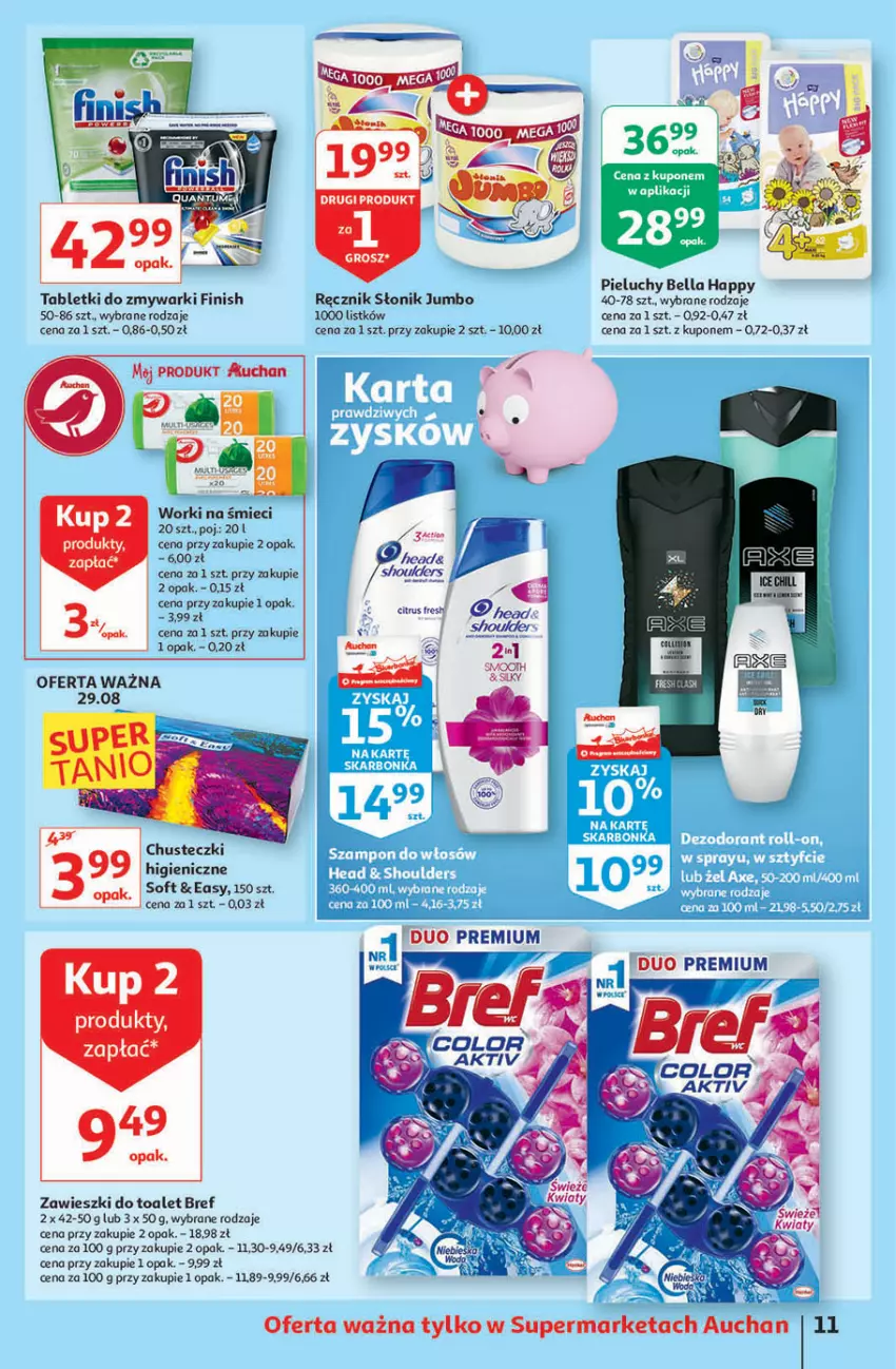 Gazetka promocyjna Auchan - Rysuje się przerwa na coś pysznego Supermarkety - ważna 26.08 do 01.09.2021 - strona 11 - produkty: Bell, Bella, Bref, Chusteczki, Finish, Pieluchy, Ręcznik, Tablet, Tabletki do zmywarki, Worki na śmiec, Worki na śmieci, Zawieszki, Zmywarki