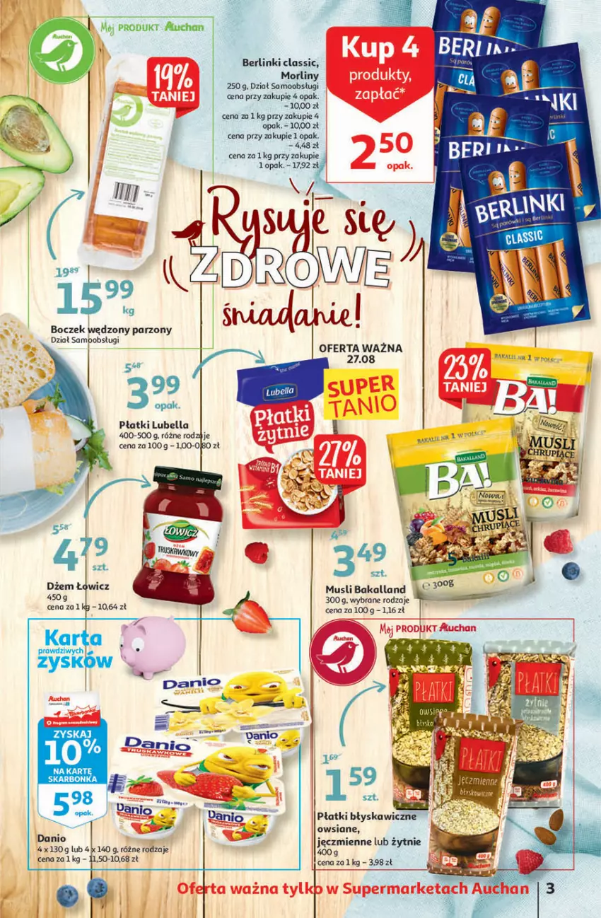 Gazetka promocyjna Auchan - Rysuje się przerwa na coś pysznego Supermarkety - ważna 26.08 do 01.09.2021 - strona 3 - produkty: Bakalland, Bell, Bella, Berlinki, Boczek, Lubella, Morliny, Mus