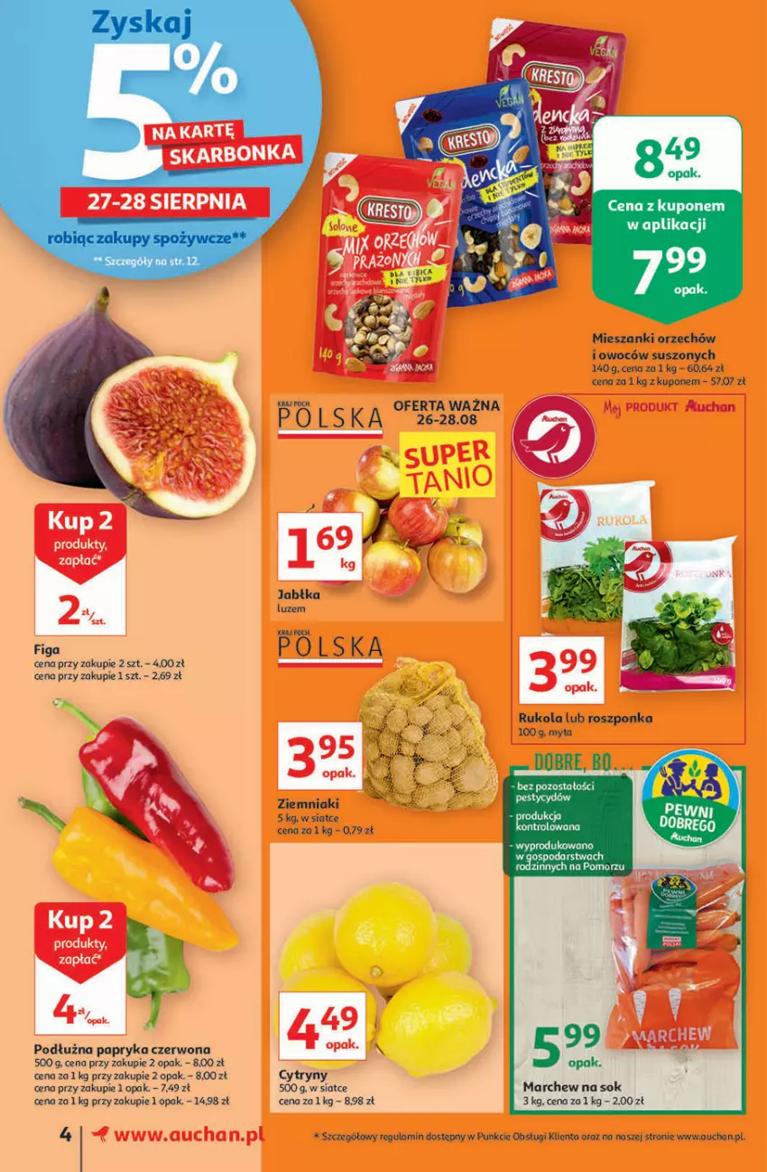 Gazetka promocyjna Auchan - Rysuje się przerwa na coś pysznego Supermarkety - ważna 26.08 do 01.09.2021 - strona 4 - produkty: Cytryny, Jabłka, Papryka, Papryka czerwona, Roszponka, Rukola, Sok, Ziemniaki