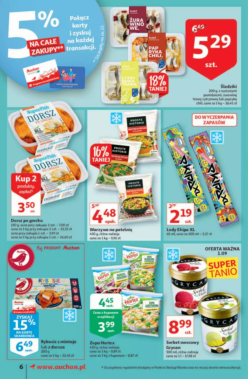 Gazetka promocyjna Auchan - Rysuje się przerwa na coś pysznego Supermarkety - ważna 26.08 do 01.09.2021 - strona 6 - produkty: Dorsz, Gry, Hortex, Lody, Mintaj, Mola, Warzywa, Zupa