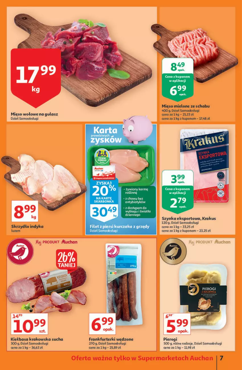 Gazetka promocyjna Auchan - Rysuje się przerwa na coś pysznego Supermarkety - ważna 26.08 do 01.09.2021 - strona 7 - produkty: Filet z piersi kurczaka, Frankfurterki, Kiełbasa, Kiełbasa krakowska, Krakus, Kurczak, LG, Mięso, Mięso mielone, Mięso wołowe, Pierogi, Por, Sport, Szynka