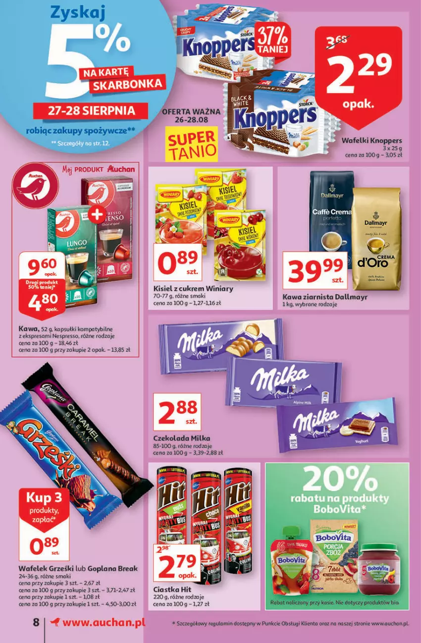 Gazetka promocyjna Auchan - Rysuje się przerwa na coś pysznego Supermarkety - ważna 26.08 do 01.09.2021 - strona 8 - produkty: Ciastka, Czekolada, Dallmayr, Goplana, Grześki, Kawa, Kawa ziarnista, Kisiel, Knoppers, LANA, Milka, Wafelek, Winiary