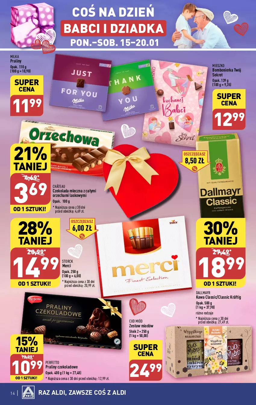 Gazetka promocyjna Aldi - Pełna oferta - ważna 15.01 do 20.01.2024 - strona 14 - produkty: Czekolada, Czekolada mleczna, Dallmayr, Kawa, Kret, Merci, Milka, Miód, Praliny