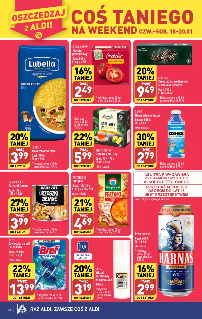 Gazetka promocyjna Aldi - Pełna oferta - ważna 15.01 do 20.01.2024 - strona 24 - produkty: Bell, Bella, Bref, Earl Grey, Gra, Harnaś, Herbata, Lubella, Makaron, Napój, Orzeszki, Orzeszki ziemne, Oshee, Piwa, Piwo, Przysnacki, Zawieszka do wc, Znicz