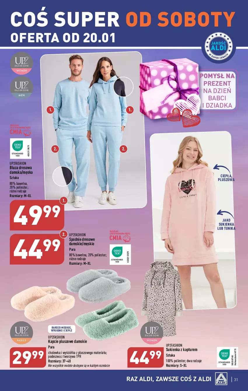 Gazetka promocyjna Aldi - Pełna oferta - ważna 15.01 do 20.01.2024 - strona 31 - produkty: Bluza, Bluza dresowa, Dres, Fa, Kapcie, Spodnie, Spodnie dresowe, Sukienka, Tunika, Wełna