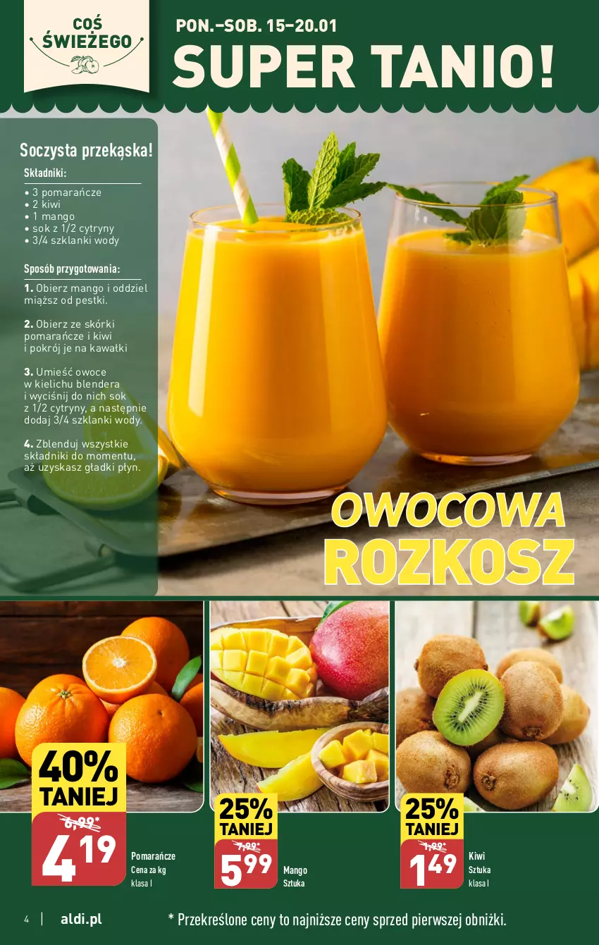 Gazetka promocyjna Aldi - Pełna oferta - ważna 15.01 do 20.01.2024 - strona 4 - produkty: Blender, Cytryny, Kawa, Kiwi, Kosz, Lanki, Mango, Owoce, Pomarańcze, Sok