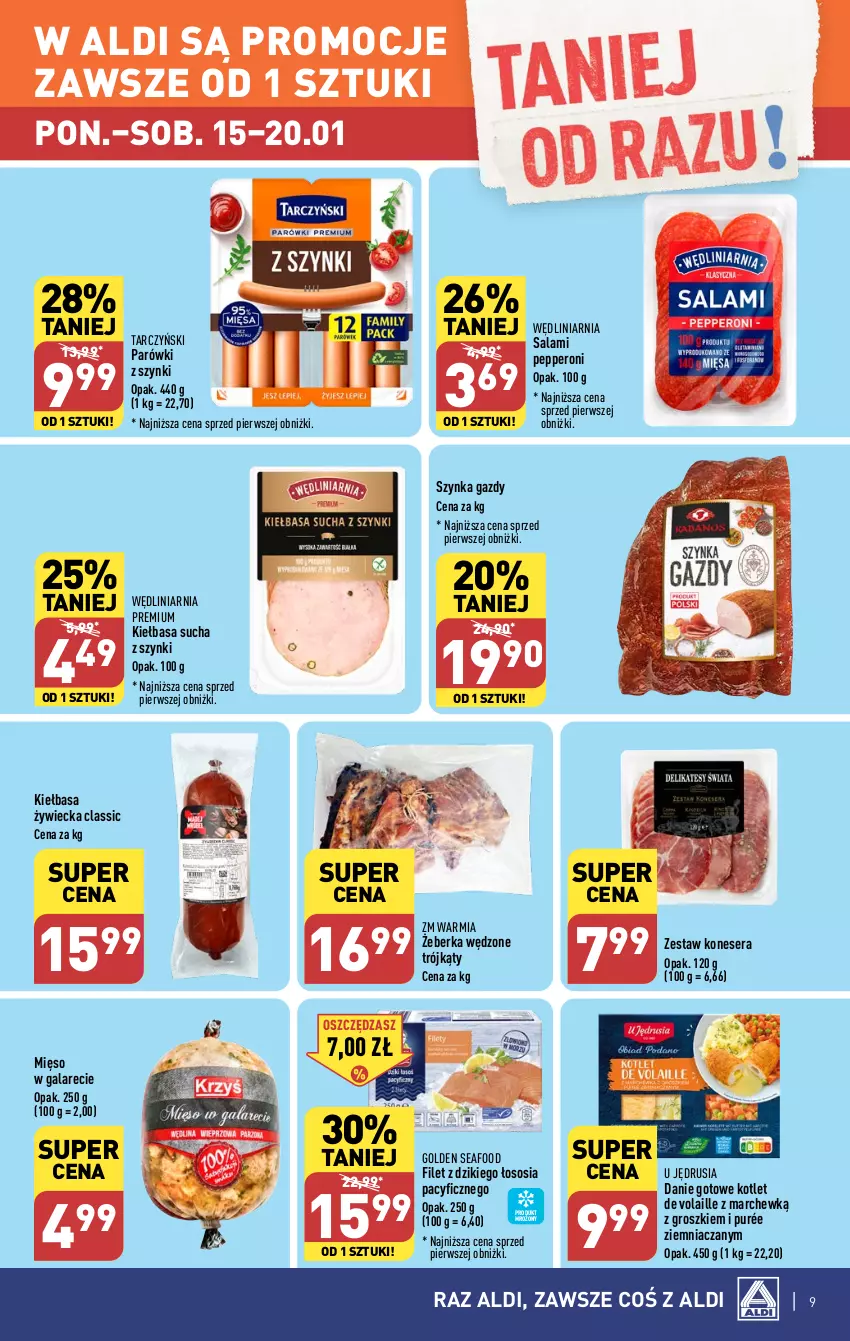 Gazetka promocyjna Aldi - Pełna oferta - ważna 15.01 do 20.01.2024 - strona 9 - produkty: Danie gotowe, Gala, Golden Seafood, Kiełbasa, Kotlet, Mięso, Mięso w galarecie, Parówki, Parówki z szynki, Pur, Salami, Ser, Sos, Szynka, Tarczyński