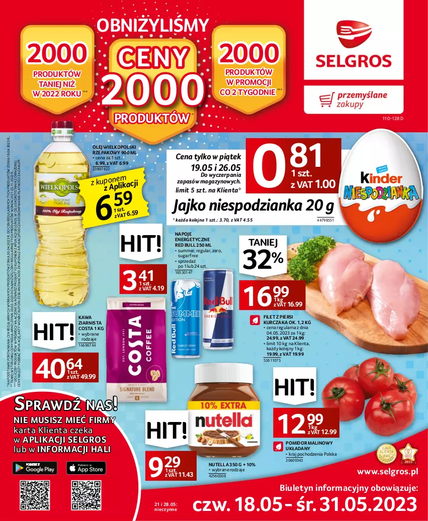 Gazetka promocyjna Selgros - Oferta spożywcza - ważna 18.05 do 31.05.2023 - strona 1 - produkty: Filet z piersi kurczaka, Kawa, Kawa ziarnista, Kurczak, LG, Mus, Napoje, Nutella, Olej, Pomidor malinowy, Por, Red Bull