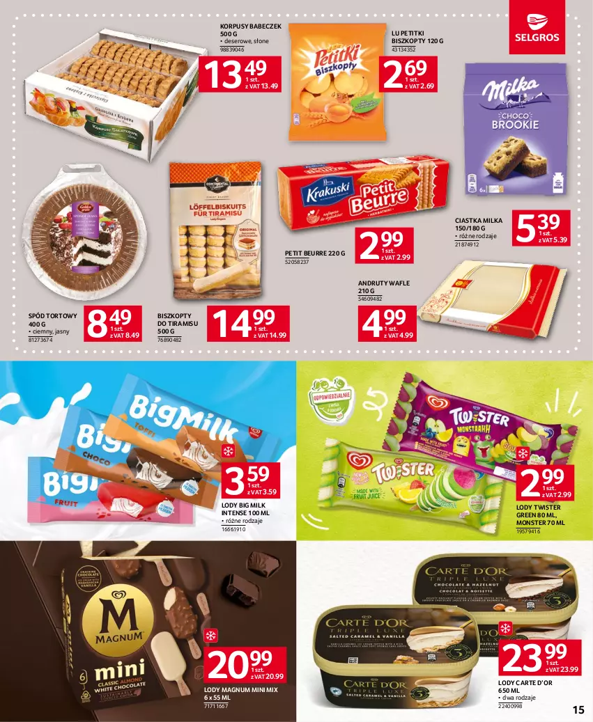 Gazetka promocyjna Selgros - Oferta spożywcza - ważna 18.05 do 31.05.2023 - strona 15 - produkty: Big Milk, Biszkopty, Ciastka, Deser, Korpusy, Lody, Milka, Ser, Wafle