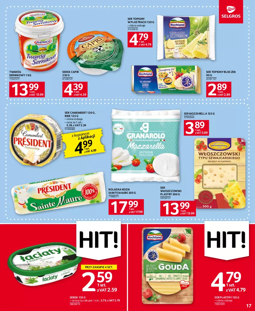 Gazetka promocyjna Selgros - Oferta spożywcza - ważna 18.05 do 31.05.2023 - strona 17 - produkty: Brie, Camembert, Mozzarella, Ser, Ser topiony, Serek, Top, Twaróg, Włoszczowski