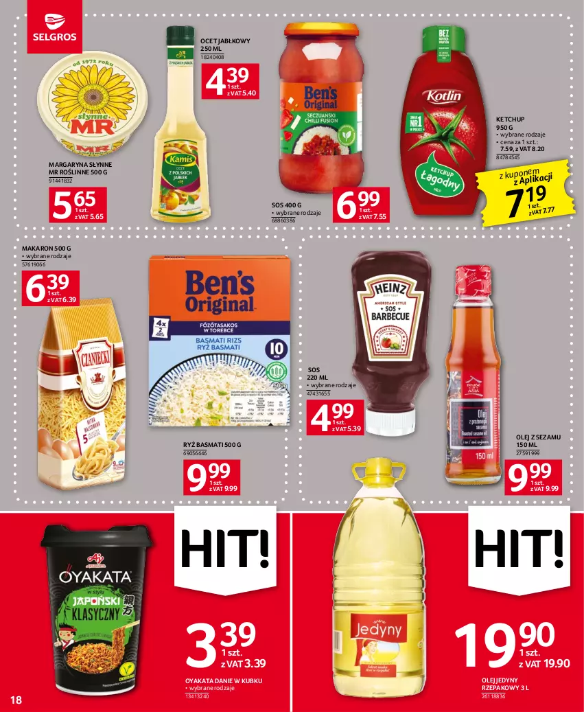 Gazetka promocyjna Selgros - Oferta spożywcza - ważna 18.05 do 31.05.2023 - strona 18 - produkty: Ketchup, Makaron, Margaryna, Ocet, Olej, Ryż, Ryż basmati, Sezam, Słynne, Słynne MR Roślinne, Sos