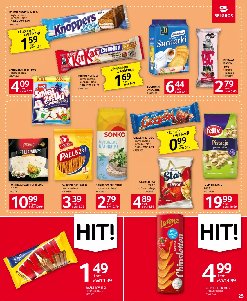 Gazetka promocyjna Selgros - Oferta spożywcza - ważna 18.05 do 31.05.2023 - strona 25 - produkty: Baton, Chipsy, Felix, Grześki, Knoppers, Pistacje, Sonko, Tortilla, Wafle