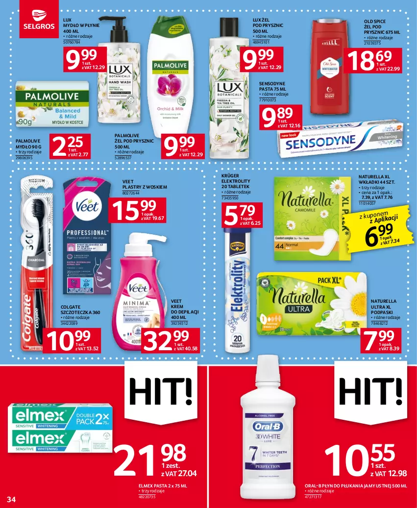 Gazetka promocyjna Selgros - Oferta spożywcza - ważna 18.05 do 31.05.2023 - strona 34 - produkty: Colgate, Elmex, Krem do depilacji, LG, Mydło, Mydło w płynie, Naturell, Naturella, Old Spice, Palmolive, Płyn do płukania, Płyn do płukania jamy ustnej, Podpaski, Sensodyne, Szczoteczka, Tablet, Veet, Wkładki