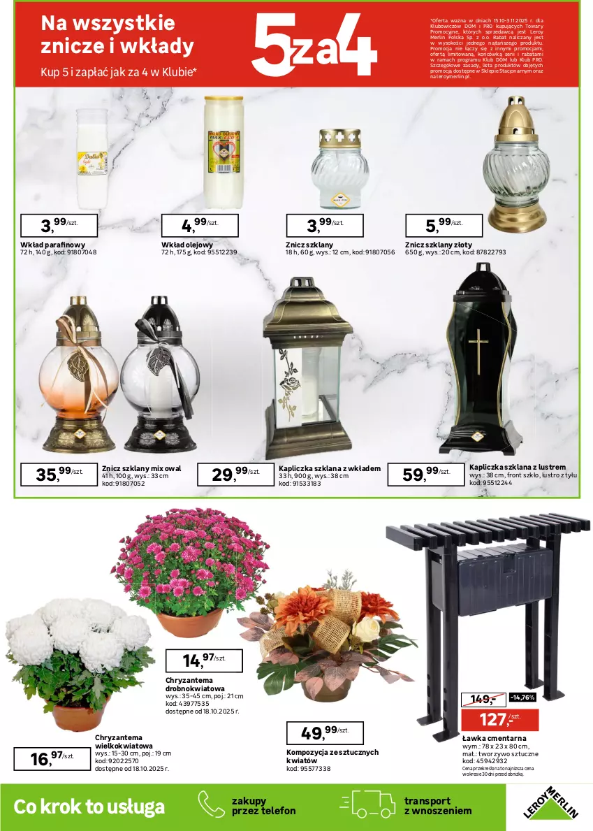 Gazetka promocyjna Leroy Merlin - Gazetka Leroy Merlin - ważna 15.10 do 17.11.2025 - strona 21 - produkty: Chryzantema, Drzwi, Drzwi wejściowe, Garaż, Gra, Klamka, Kret, LANA, Lustro, Olej, Por, Rama, Ser, Sok, Sport, Telefon, Tran, Uchwyty, Waga, Wkład olejowy, Znicz