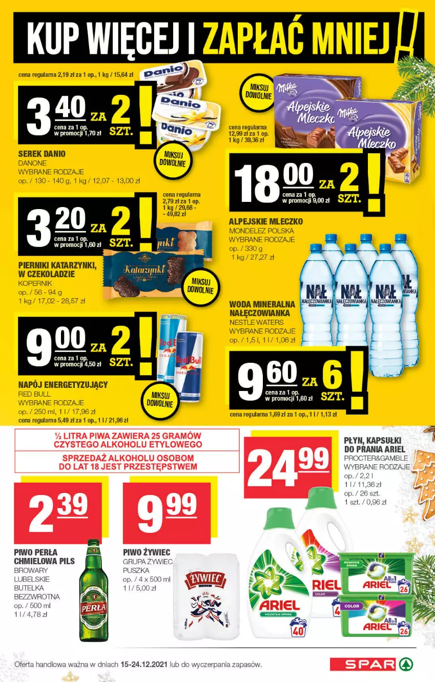 Gazetka promocyjna Spar - Spar - ważna 12.12 do 22.12.2021 - strona 7 - produkty: Ariel, Danio, Danone, Kapsułki do prania, Mleczko, Nałęczowianka, Napój, Perła, Piernik, Piwo, Red Bull, Ser, Serek, Woda, Woda mineralna