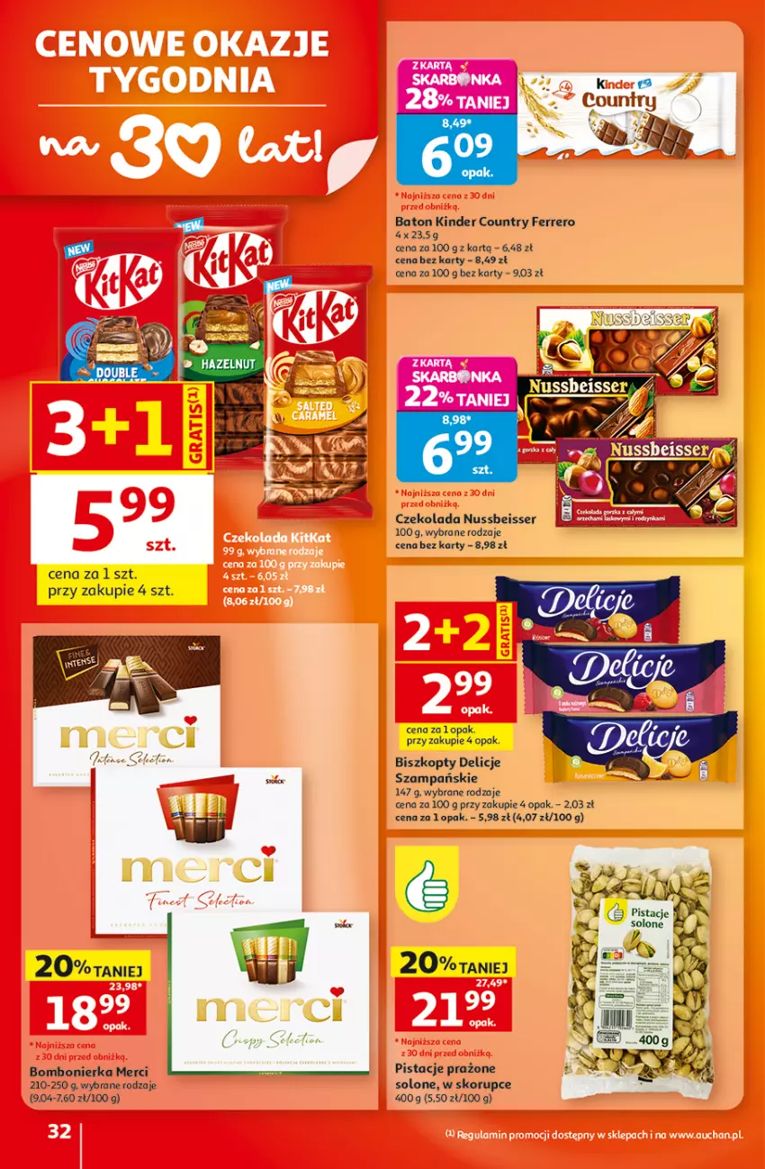 Gazetka promocyjna Auchan - Gazetka 30 Lat Hipermarket Auchan - ważna 10.09 do 16.09.2026 - strona 32 - produkty: Baton, Biszkopty, Czekolada, Delicje, Ferrero, Kinder, Merci, Pistacje, Ser