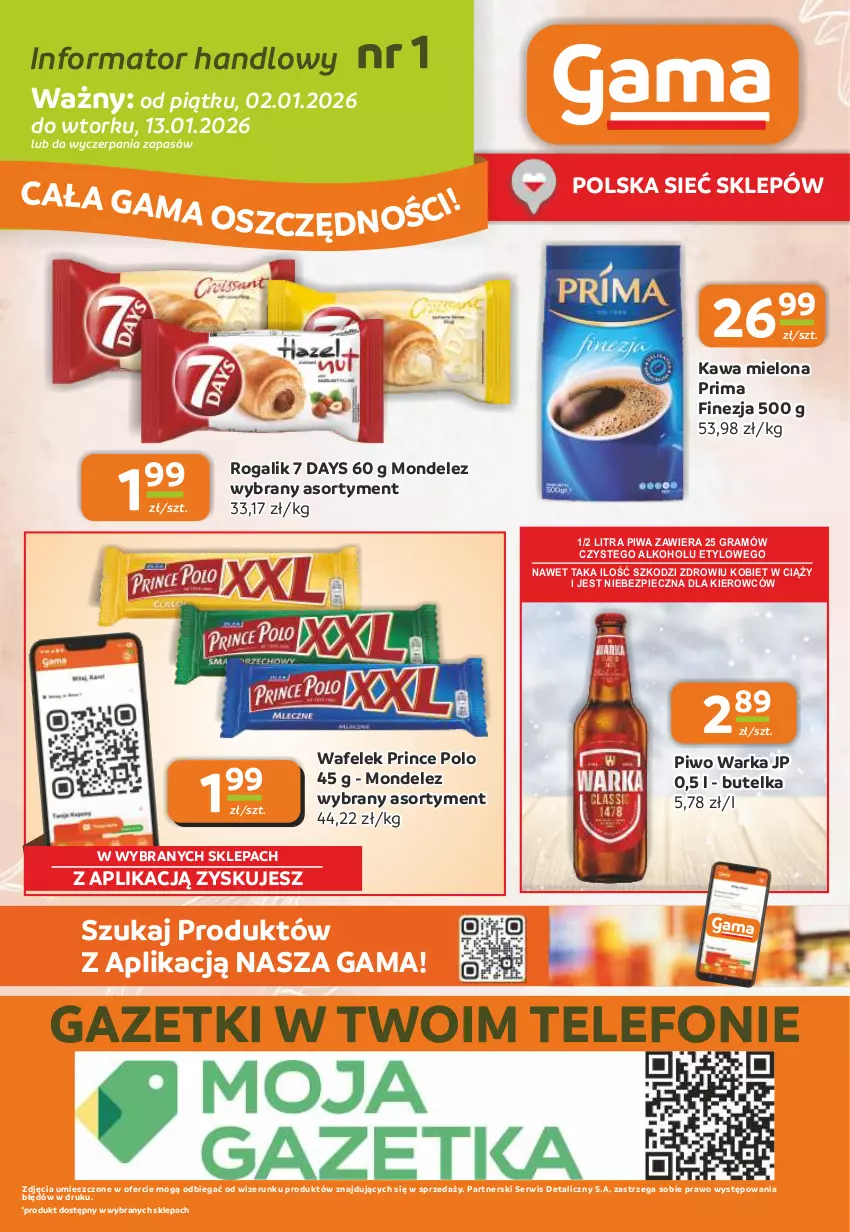 Gazetka promocyjna Gama - Gazetka Gama - ważna 02.01 do 13.01.2026 - strona 12 - produkty: 7 Days, Gra, Kawa, Kawa mielona, Piec, Piwa, Piwo, Prima, Prince Polo, Rogal, Ser, Telefon, Wafelek, Warka