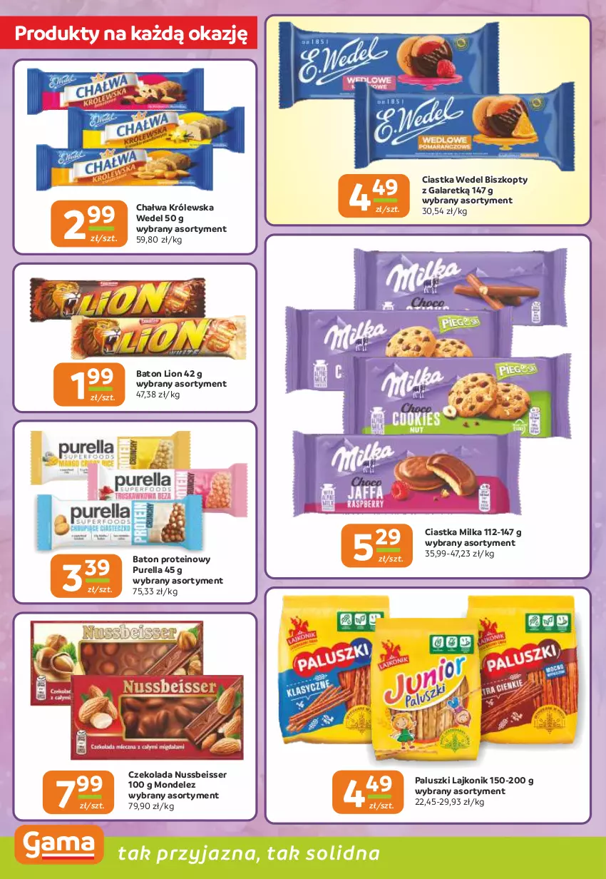 Gazetka promocyjna Gama - Gazetka Gama - ważna 02.01 do 13.01.2026 - strona 4 - produkty: Baton, Biszkopty, Chałwa, Ciastka, Czekolada, Gala, Lajkonik, Lion, Milka, Pur, Ser
