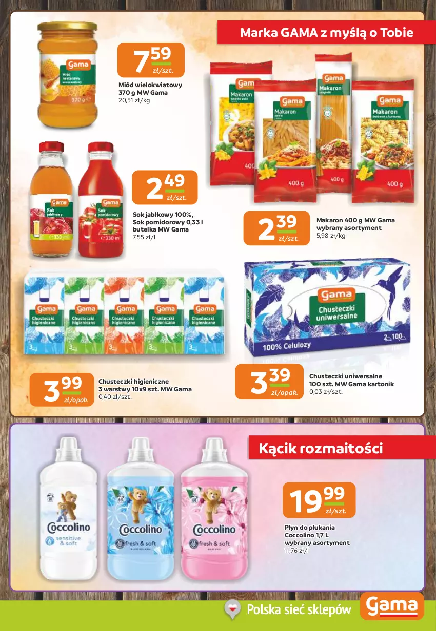 Gazetka promocyjna Gama - Gazetka Gama - ważna 02.01 do 13.01.2026 - strona 9 - produkty: Chusteczki, Coccolino, Makaron, Miód, Płyn do płukania, Sok, Sok jabłkowy, Sok pomidorowy, Tonik