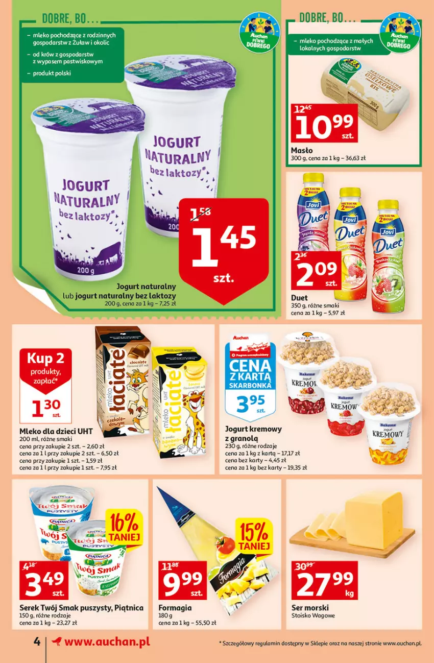 Gazetka promocyjna Auchan - Szkoła oszczędzania Temat przeAtrakcje cenowe Supermarkety - ważna 18.08 do 24.08.2022 - strona 4 - produkty: Dzieci, Gra, Jogurt, Jogurt naturalny, Masło, Mleko, Mleko dla dzieci, Piątnica, Ser, Serek, Twój Smak