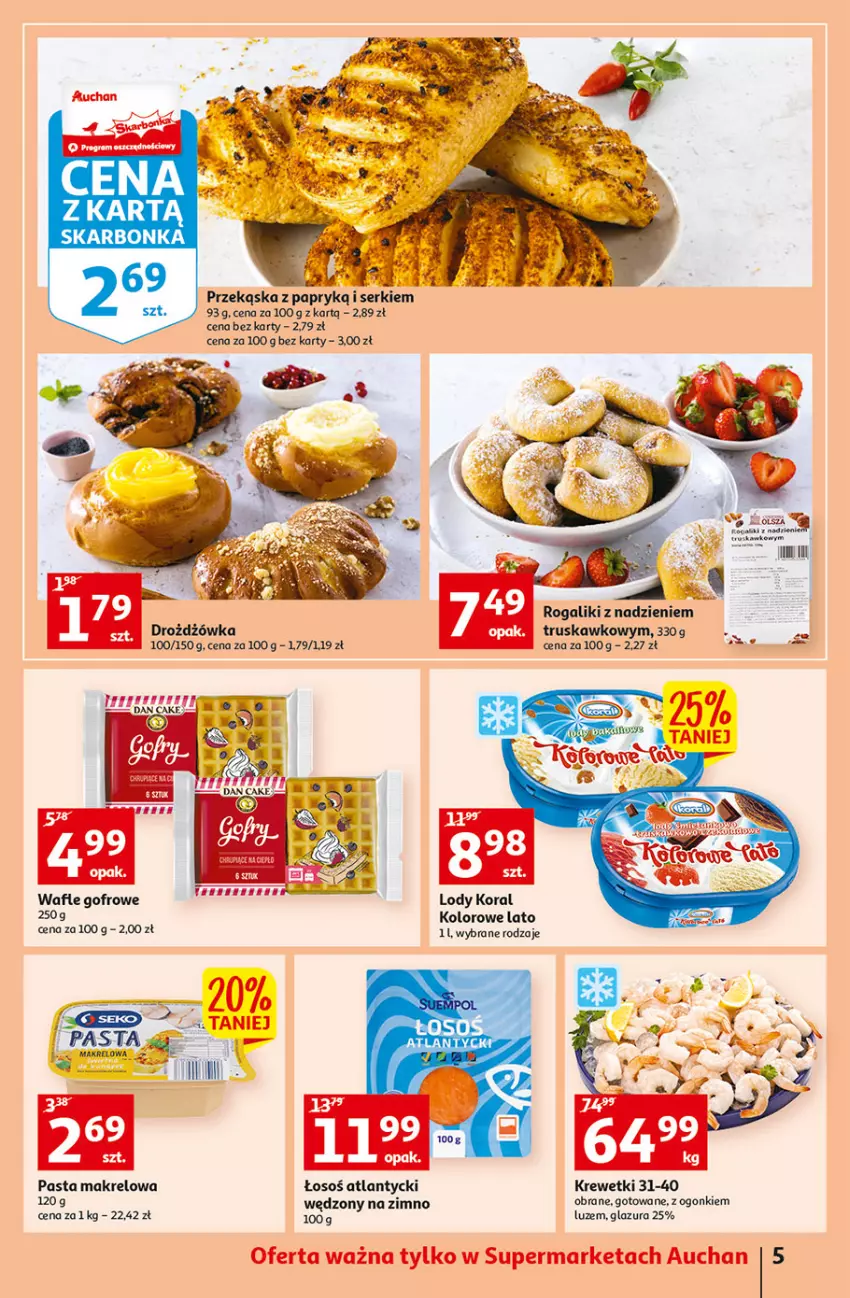 Gazetka promocyjna Auchan - Szkoła oszczędzania Temat przeAtrakcje cenowe Supermarkety - ważna 18.08 do 24.08.2022 - strona 5 - produkty: Fa, Glazura, Krewetki, Lazur, Lody, Rogal, Ser, Wafle