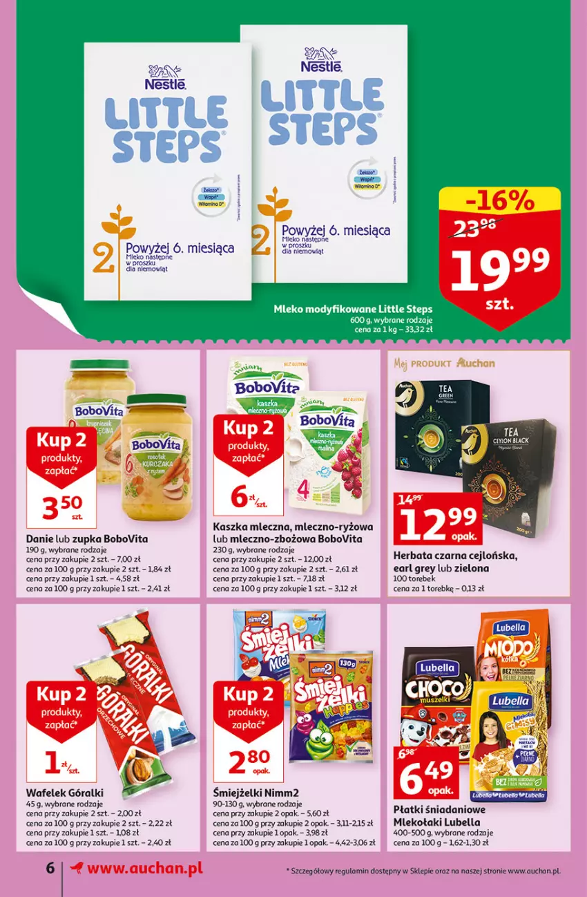 Gazetka promocyjna Auchan - Szkoła oszczędzania Temat przeAtrakcje cenowe Supermarkety - ważna 18.08 do 24.08.2022 - strona 6 - produkty: Bell, Bella, BoboVita, Danio, Earl Grey, Góralki, Herbata, Lubella, Mleko, Nimm2, O nas, Ryż, Wafelek