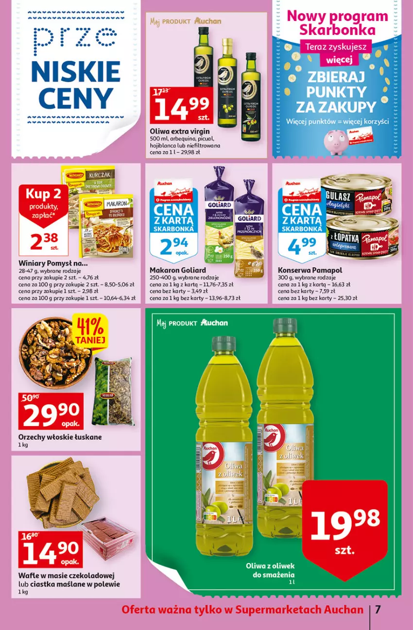 Gazetka promocyjna Auchan - Szkoła oszczędzania Temat przeAtrakcje cenowe Supermarkety - ważna 18.08 do 24.08.2022 - strona 7 - produkty: Ciastka, Gin, Goliard, Makaron, Oliwa z oliwek, Orzechy włoskie, Ryż, Ser, Wafle, Winiary