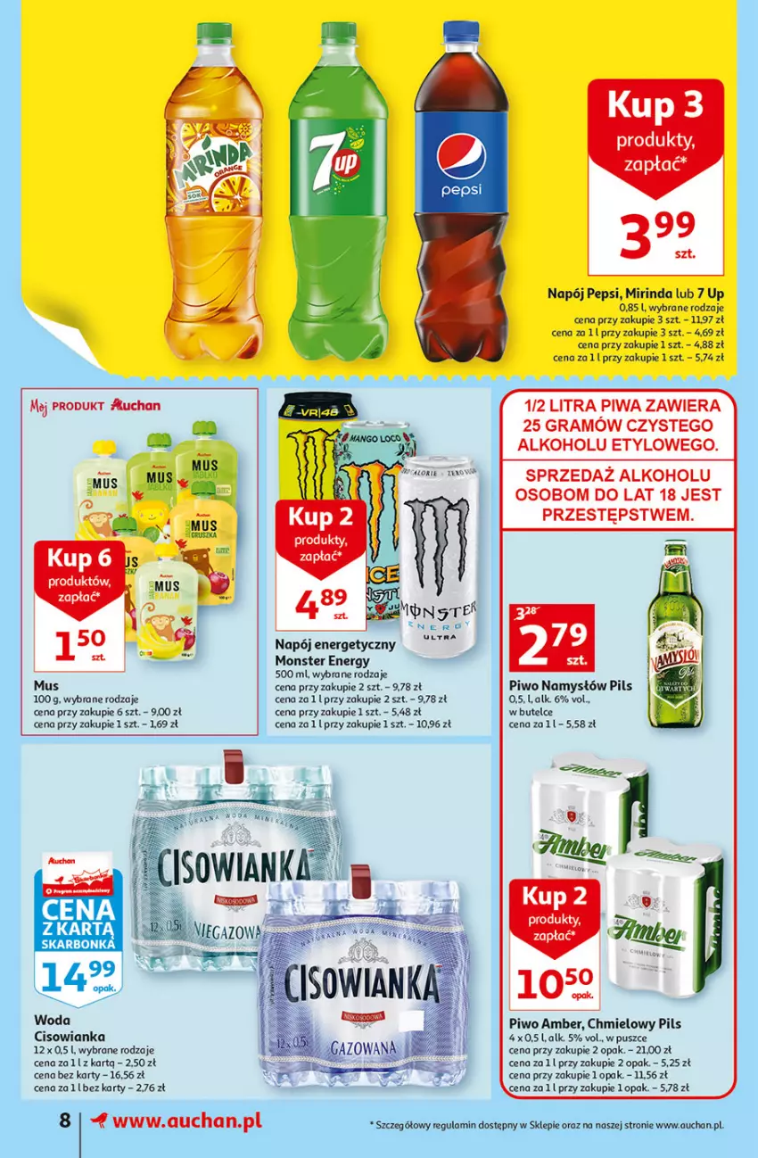 Gazetka promocyjna Auchan - Szkoła oszczędzania Temat przeAtrakcje cenowe Supermarkety - ważna 18.08 do 24.08.2022 - strona 8 - produkty: Cisowianka, Gra, Mirinda, Mus, Namysłów, Napój, Napój energetyczny, Pepsi, Piwa, Piwo, Woda