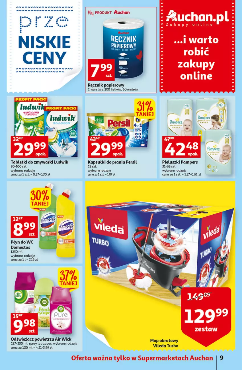 Gazetka promocyjna Auchan - Szkoła oszczędzania Temat przeAtrakcje cenowe Supermarkety - ważna 18.08 do 24.08.2022 - strona 9 - produkty: Air Wick, Domestos, Kapsułki do prania, Ludwik, Mop, Odświeżacz powietrza, Pampers, Papier, Persil, Płyn do wc, Ręcznik, Ryż, Tablet, Tabletki do zmywarki, Vileda, Zmywarki