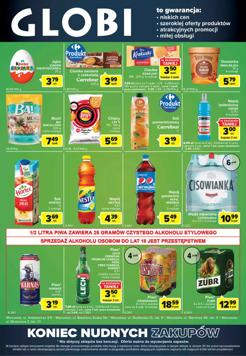 Gazetka promocyjna Carrefour - Gazetka Globi - ważna 10.01 do 16.01.2023 - strona 2 - produkty: Ba!, Chipsy, Ciastka, Ciastka owsiane, Cisowianka, Desperados, Gra, Harnaś, Hortex, Kosz, Krakus, Krakuski, Lech Premium, LG, Lion, Mirinda, Mus, Napój, Oshee, Owsianka, Piwa, Piwo, Waga, Woda, Woda mineralna