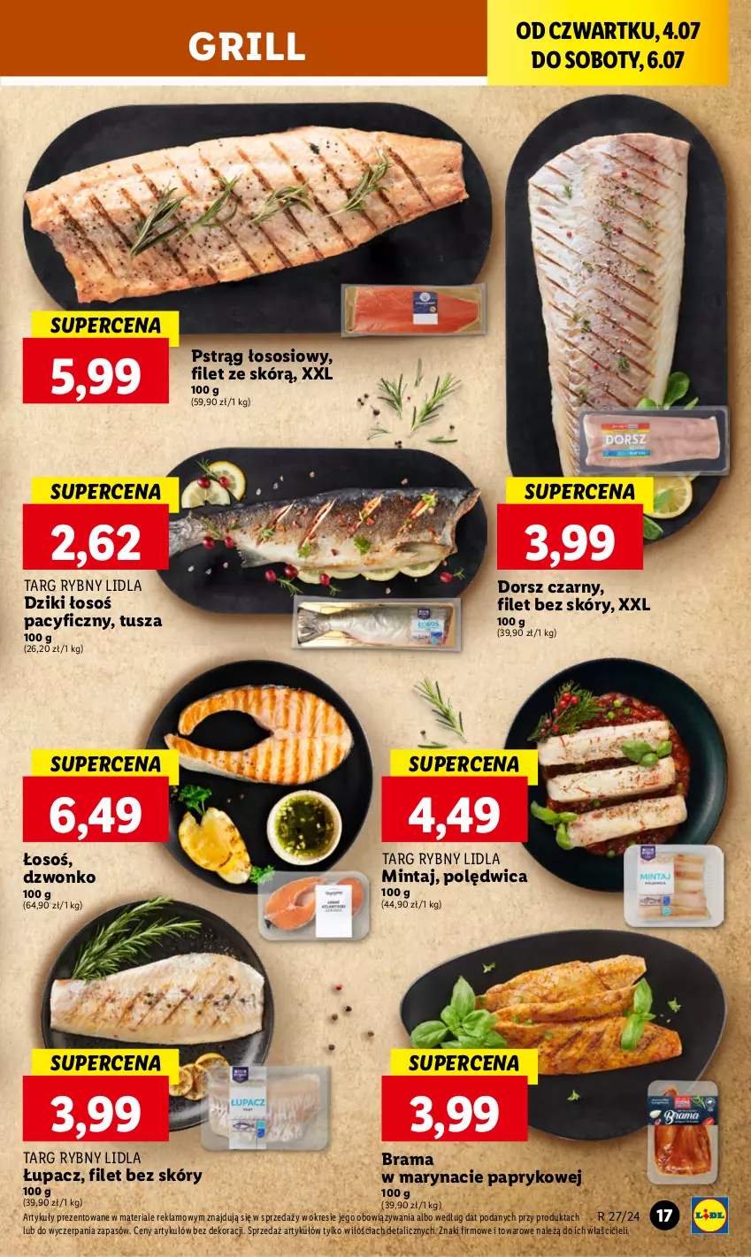 Gazetka promocyjna Lidl - GAZETKA - ważna 04.07 do 06.07.2024 - strona 23 - produkty: Dorsz, Grill, Mintaj, Polędwica, Pstrąg, Pstrąg łososiowy, Rama, Sos, Tusz