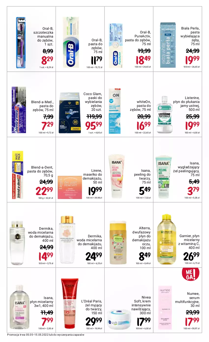 Gazetka promocyjna Rossmann - ważna 05.05 do 15.05.2022 - strona 40 - produkty: Alterra, Blend-a-Med, Dermika, Fa, Garnier, Isana, L’Oréal, Lirene, Listerine, Makijaż, Nivea, Pasta do zębów, Peeling, Perła, Płyn do płukania, Płyn do płukania jamy ustnej, Płyn micelarny, Pur, Rum, Ser, Serum, Szczoteczka, Woda, Woda micelarna