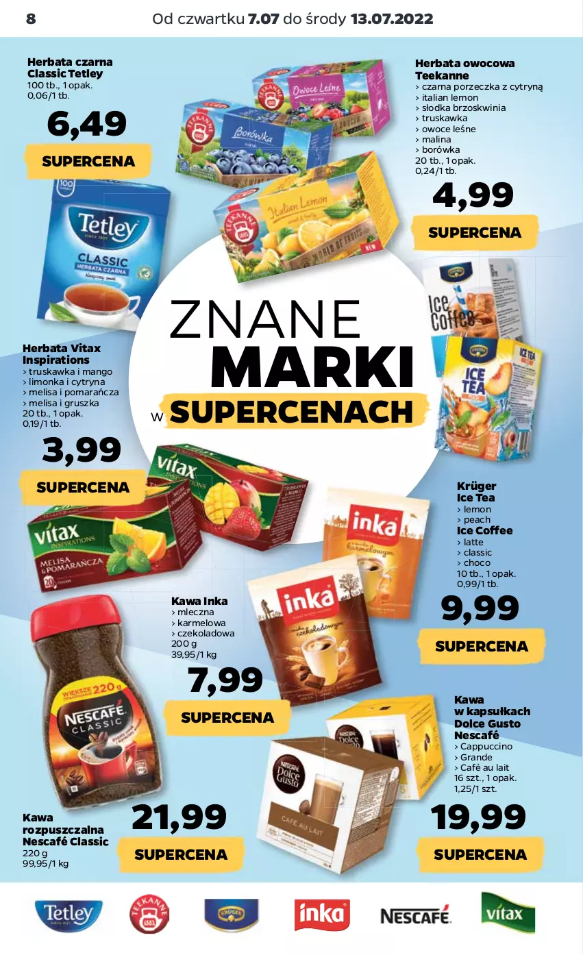 Gazetka promocyjna Netto - Artykuły spożywcze - ważna 07.07 do 13.07.2022 - strona 8 - produkty: Borówka, Cappuccino, Dolce Gusto, Gra, Herbata, Herbata czarna, Herbata owocowa, Ice tea, Inka, Kawa, Kawa rozpuszczalna, Limonka, Mango, Nescafé, Owoce, Por, Teekanne, Tetley, Vitax