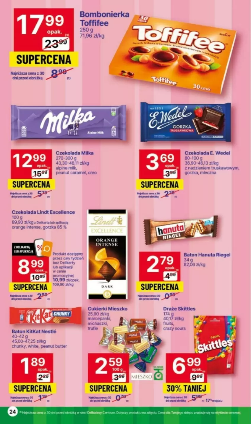 Gazetka promocyjna Delikatesy Centrum - ważna 02.11 do 08.11.2023 - strona 17 - produkty: Baton, Cukier, Cukierki, Czekolada, E. Wedel, Lindt, Miecz, Milka, Oreo, Toffifee