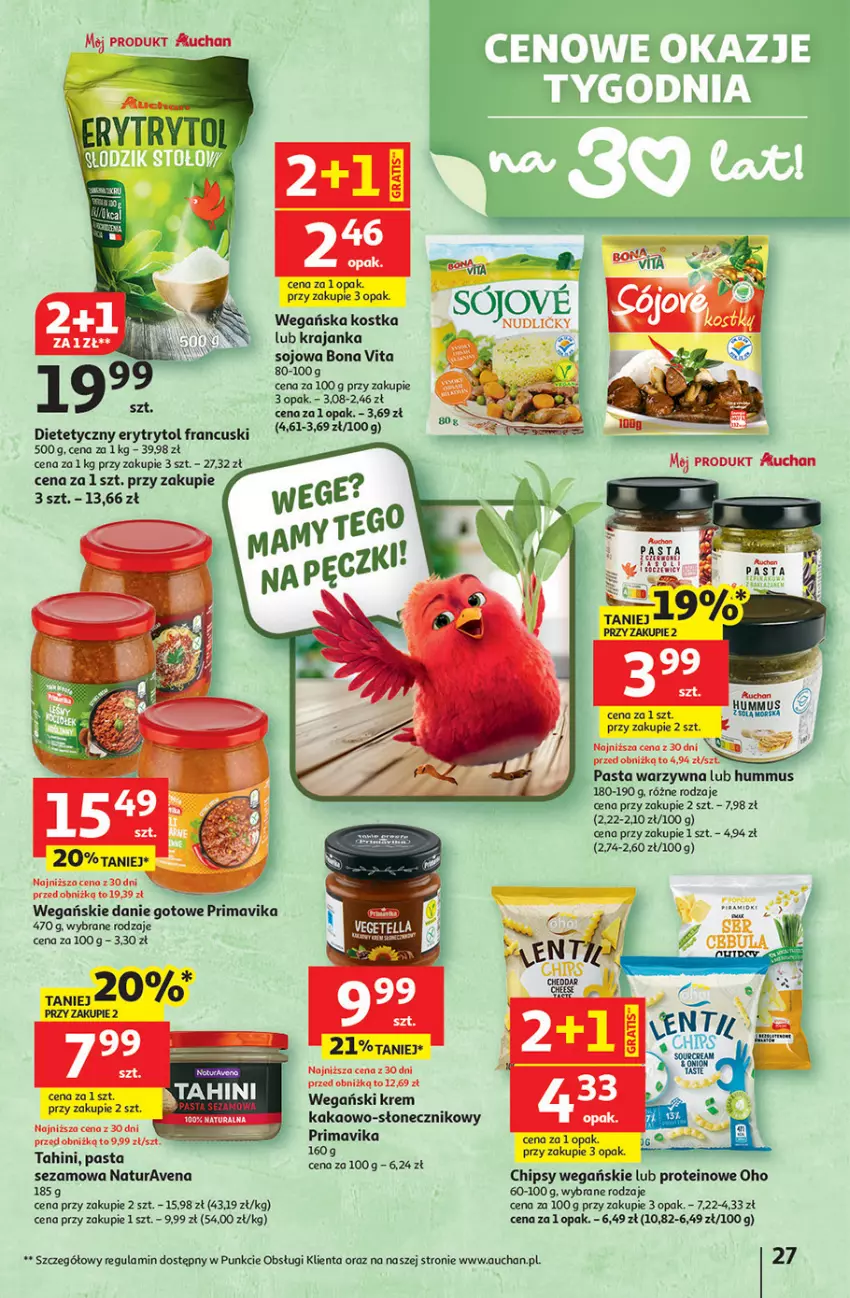 Gazetka promocyjna Auchan - Gazetka 30 Lat Hipermarket Auchan - ważna 08.01 do 14.01.2026 - strona 27 - produkty: Chipsy, Danie gotowe, Hummus, Kakao, Mus, Pasta warzywna, Prima, Primavika, Sezam