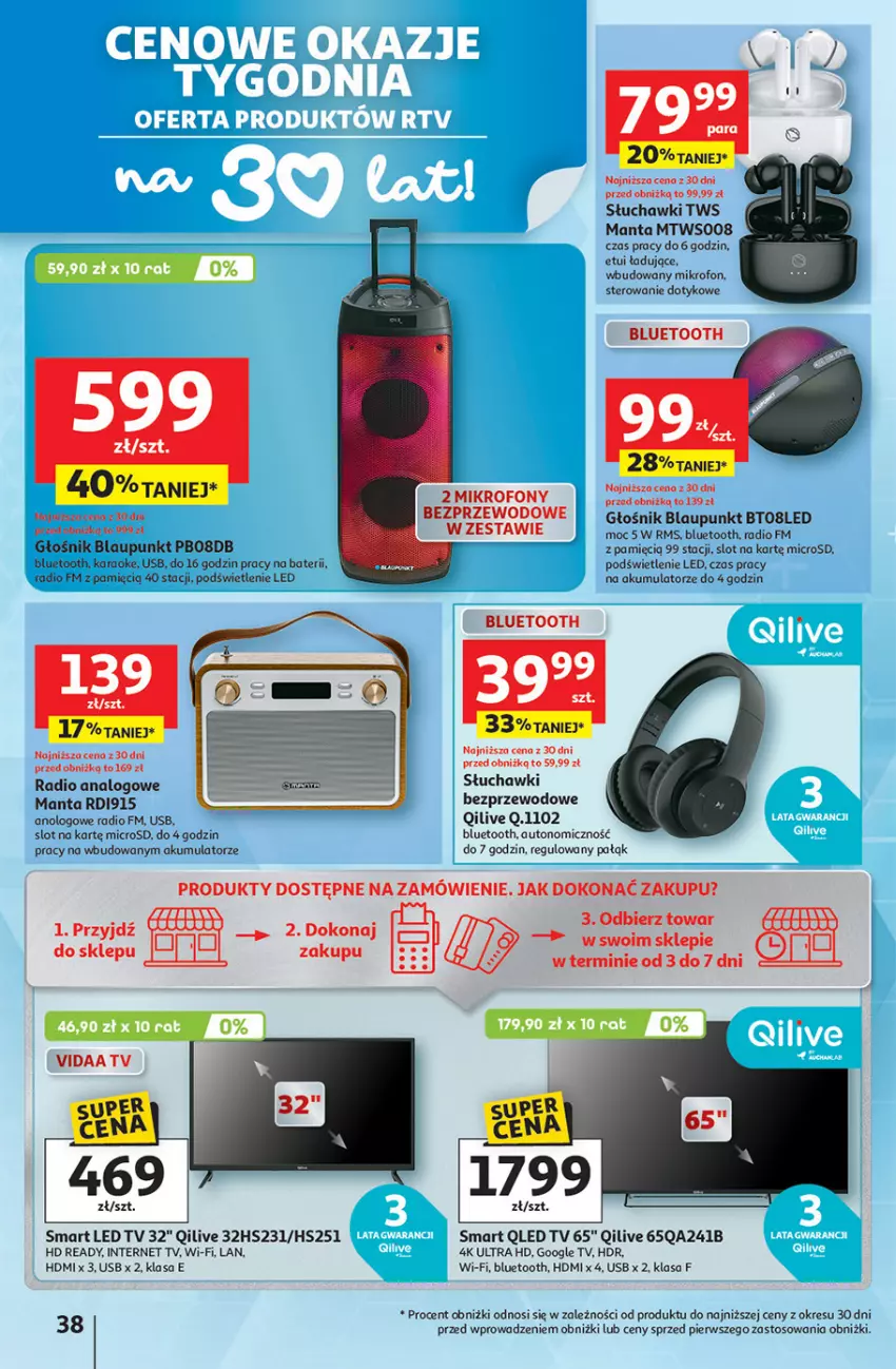 Gazetka promocyjna Auchan - Gazetka 30 Lat Hipermarket Auchan - ważna 08.01 do 14.01.2026 - strona 38 - produkty: Akumulator, Głośnik, HD ready, LED TV, Manta, Mikrofon, Słuchawki, Słuchawki bezprzewodowe