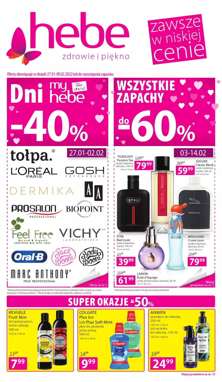 Gazetka promocyjna Hebe - Gazetka - ważna 27.01 do 09.02.2022 - strona 1 - produkty: Colgate, Jaguar, Lack, Lanvin, LG, Moschino, Perfum, Płyn do płukania, Płyn do płukania jamy ustnej, Revuele, Str8, Szampon, Woda, Woda perfumowana, Woda toaletowa