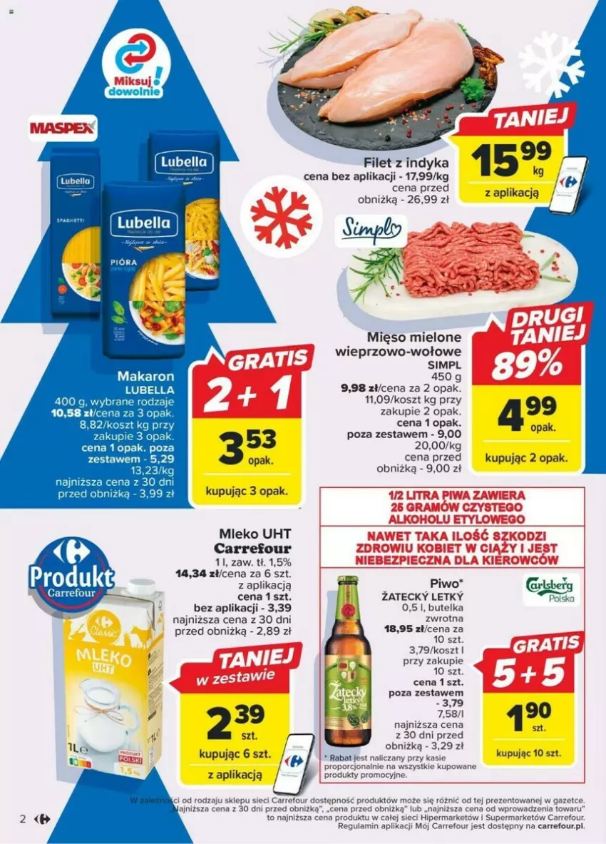 Gazetka promocyjna Carrefour - ważna 09.12 do 12.12.2023 - strona 2 - produkty: Bell, Bella, Kosz, Lubella, Makaron, Mięso, Mięso mielone, Mleko, Piwo, Por