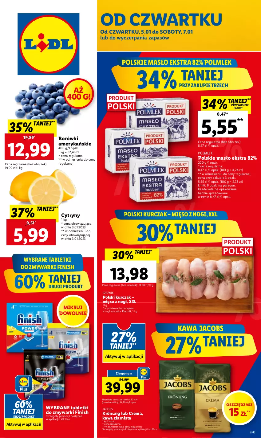 Gazetka promocyjna Lidl - GAZETKA - ważna 05.01 do 07.01.2023 - strona 1 - produkty: Cytryny, Finish, Jacobs, Jacobs Krönung, Kawa, Kawa ziarnista, Kurczak, Masło, Mięso, Olej, POLMLEK, Por, Tablet, Tabletki do zmywarki, Zmywarki