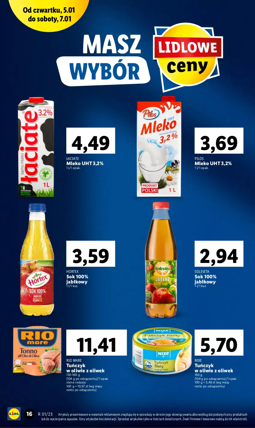 Gazetka promocyjna Lidl - GAZETKA - ważna 05.01 do 07.01.2023 - strona 16 - produkty: Hortex, Mleko, Pilos, Rio Mare, Sok, Tuńczyk