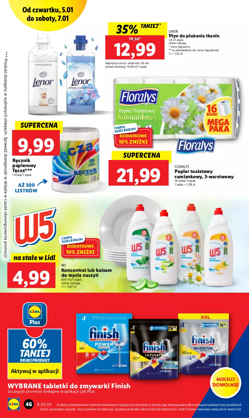 Gazetka promocyjna Lidl - GAZETKA - ważna 05.01 do 07.01.2023 - strona 48 - produkty: Balsam do mycia naczyń, Do mycia naczyń, Finish, Flora, Lenor, Papier, Papier toaletowy, Płyn do płukania, Ręcznik, Rum, Tablet, Tabletki do zmywarki, Zmywarki