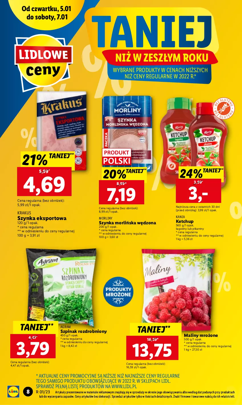 Gazetka promocyjna Lidl - GAZETKA - ważna 05.01 do 07.01.2023 - strona 8 - produkty: Gra, Ketchup, Krakus, Maliny, Morliny, Por, Sport, Szpinak, Szynka