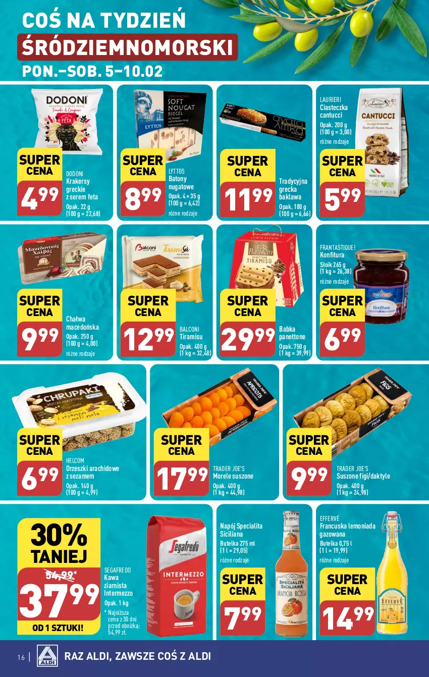 Gazetka promocyjna Aldi - Pełna oferta - ważna 05.02 do 10.02.2024 - strona 16 - produkty: Alcon, Babka, Baton, Chałwa, Daktyle, Feta, Figi, HELCOM, Kawa, Kawa ziarnista, Konfitura, Krakersy, Laur, Lemoniada, Napój, Orzeszki, Segafredo, Ser, Sezam