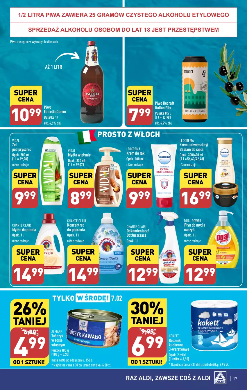 Gazetka promocyjna Aldi - Pełna oferta - ważna 05.02 do 10.02.2024 - strona 17 - produkty: Balsam do ciała, Do mycia naczyń, Gra, Krem do rąk, Krem uniwersalny, Mydło, Mydło w płynie, Odkamieniacz, Odtłuszczacz, Piwa, Piwo, Płyn do mycia, Płyn do mycia naczyń, Ręcznik, Rolki, Sos, Tuńczyk