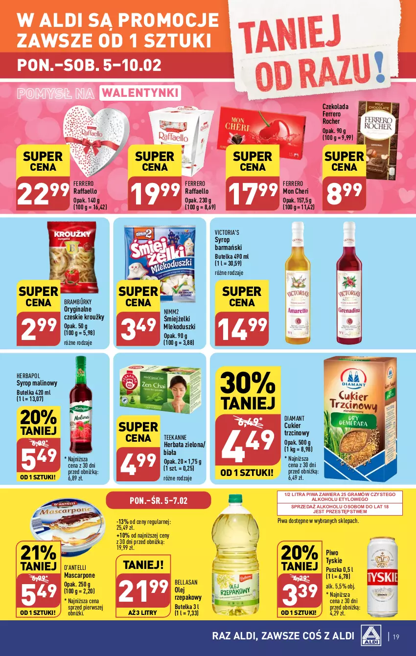 Gazetka promocyjna Aldi - Pełna oferta - ważna 05.02 do 10.02.2024 - strona 19 - produkty: Bell, Bella, Cukier, Cukier trzcinowy, Czekolada, Diamant, Fa, Ferrero, Ferrero Rocher, Gin, Gra, Herbapol, Herbata, Mascarpone, Mleko, Nimm2, Olej, Piwa, Piwo, Raffaello, Syrop, Teekanne, Tyskie