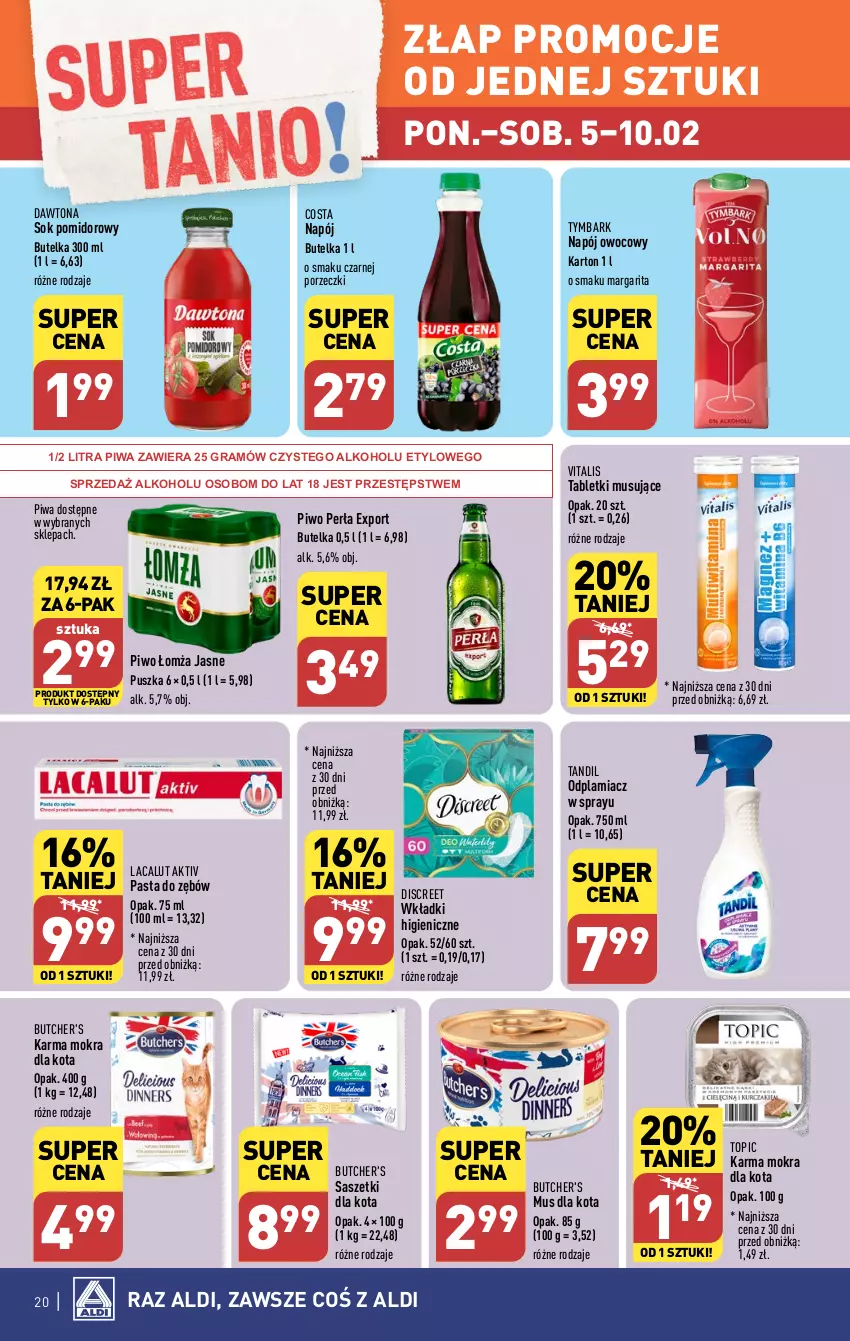 Gazetka promocyjna Aldi - Pełna oferta - ważna 05.02 do 10.02.2024 - strona 20 - produkty: Butcher's, Dawtona, Discreet, Gra, Lacalut, Mus, Napój, Odplamiacz, Pasta do zębów, Perła, Piwa, Piwo, Por, Sok, Sok pomidorowy, Tablet, Tabletki musujące, Top, Tymbark, Wkładki