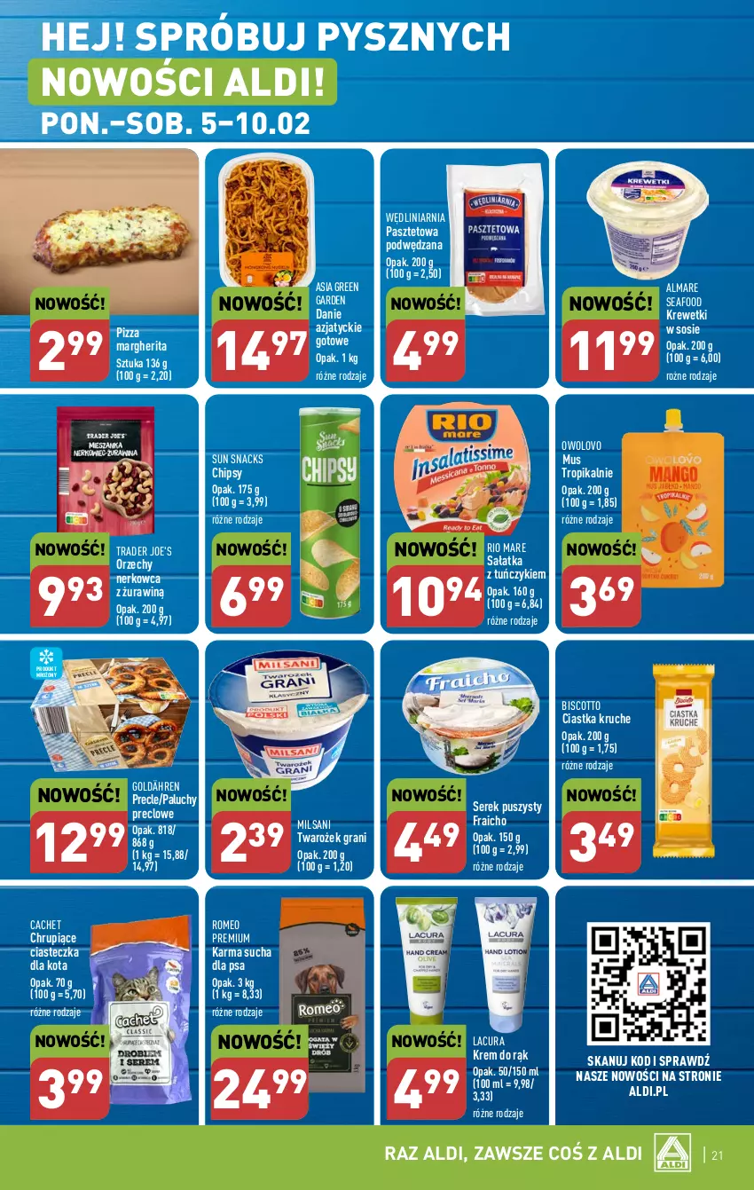 Gazetka promocyjna Aldi - Pełna oferta - ważna 05.02 do 10.02.2024 - strona 21 - produkty: Chipsy, Ciastka, Gra, Krem do rąk, Krewetki, Mus, Pasztet, Pizza, Pizza margherita, Precle, Rio Mare, Sałat, Sałatka, Ser, Serek, Serek puszysty, Sos, Tuńczyk