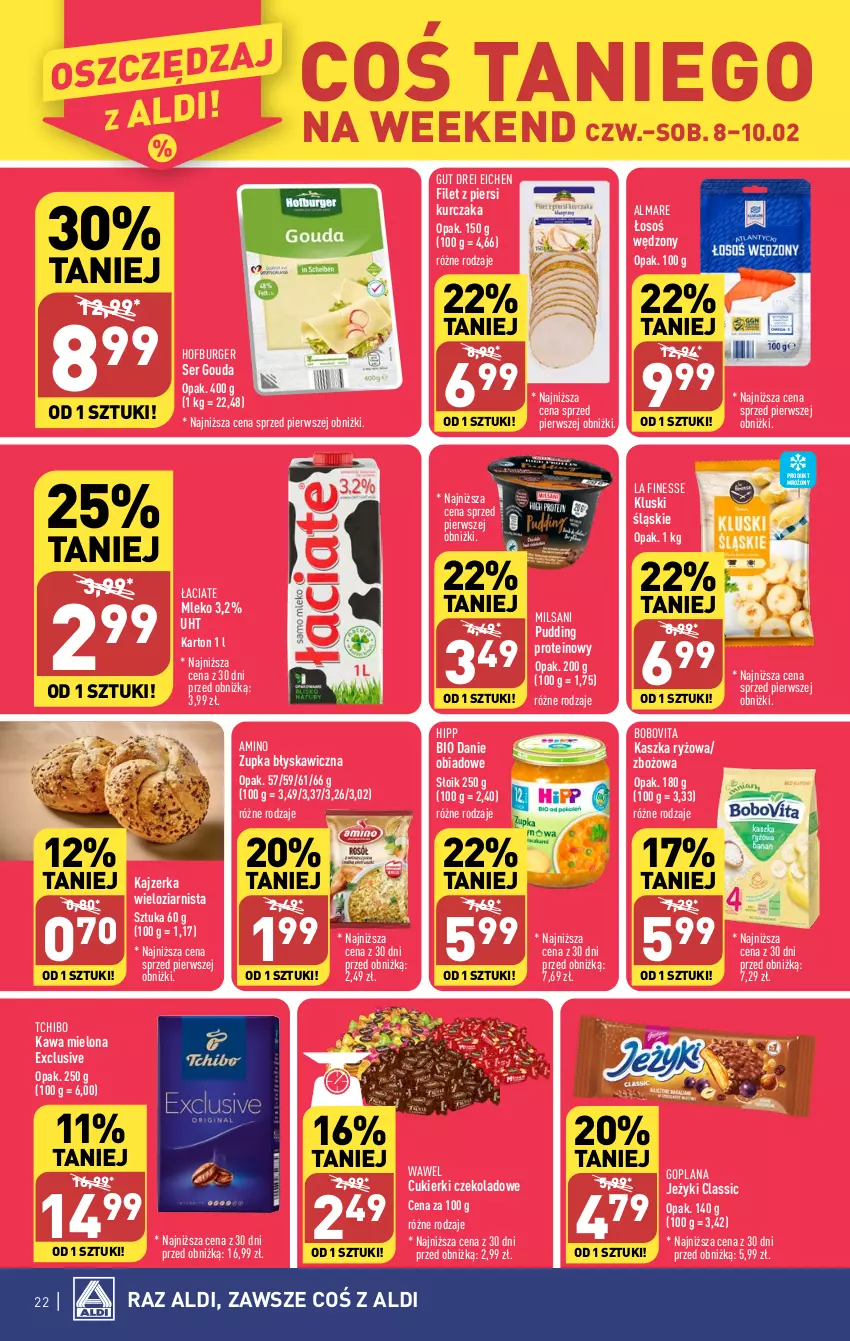 Gazetka promocyjna Aldi - Pełna oferta - ważna 05.02 do 10.02.2024 - strona 22 - produkty: BoboVita, Burger, Cukier, Cukierki, Cukierki czekoladowe, Filet z piersi kurczaka, Goplana, Gouda, HiPP, Hofburger, Jeżyki, Kajzerka, Kawa, Kawa mielona, Kurczak, LANA, Mleko, Pudding, Ryż, Ser, Tchibo, Wawel