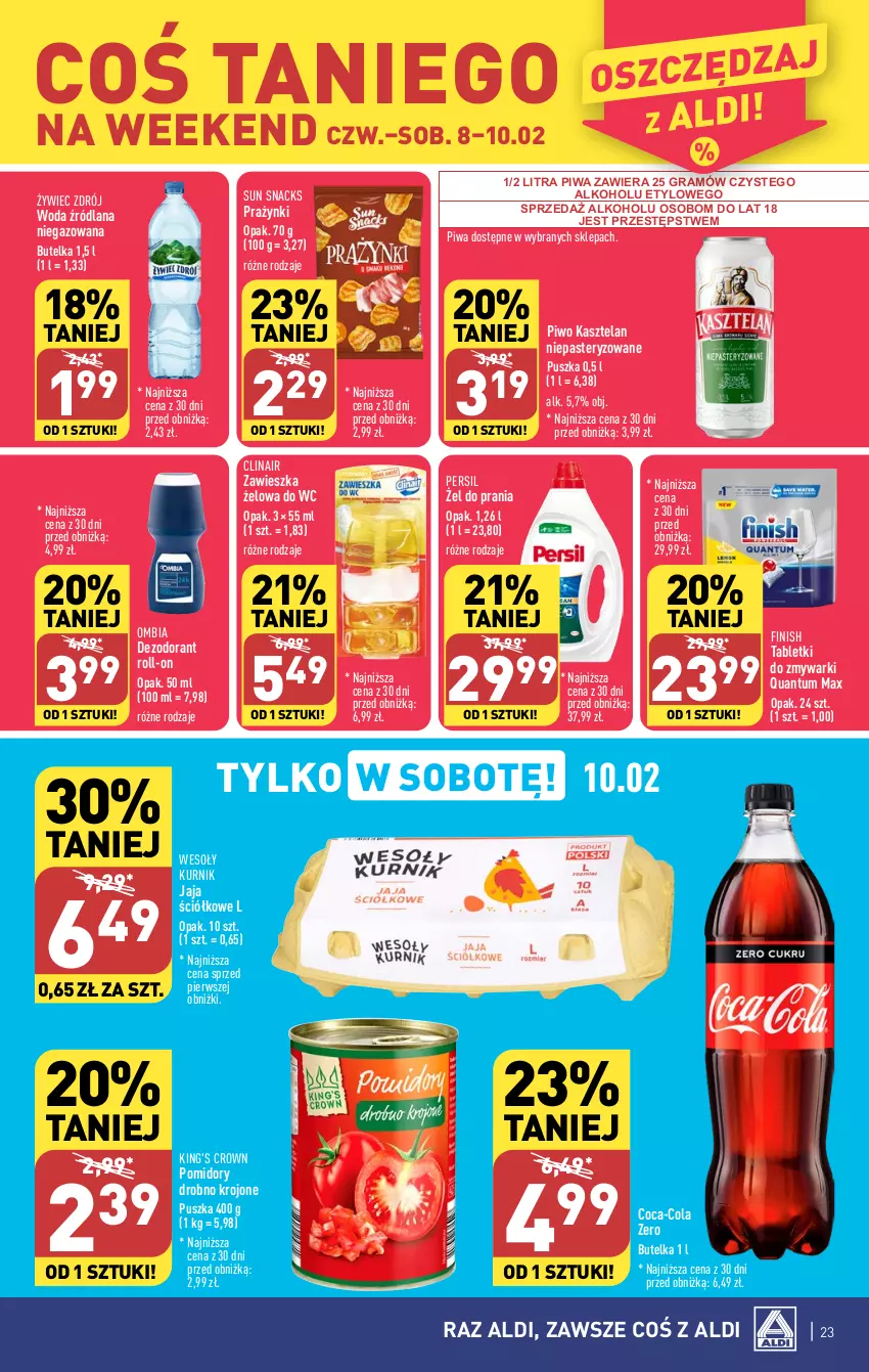 Gazetka promocyjna Aldi - Pełna oferta - ważna 05.02 do 10.02.2024 - strona 23 - produkty: Clin, Coca-Cola, Dezodorant, Finish, Gra, Jaja, Kasztelan, LANA, Persil, Piwa, Piwo, Pomidory, Tablet, Tabletki do zmywarki, Woda, Zmywarki